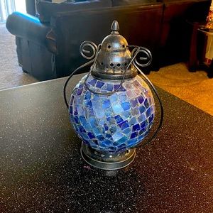 Rustic Blue Mosaic Glass Lantern | Boho Coastal Home Decor Candle Lantern Accent